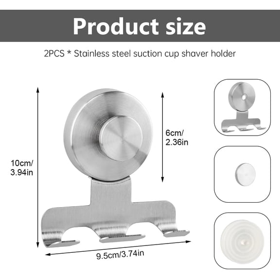 XZHANH-2 Pack Stainless Steel Suction Cup Razor Holders, Heavy-Duty 15lb Suction Hooks with Easy Tool-Free Installation, Reusable Dual Hook Holders for Bathroom, Mirror & Kitchen