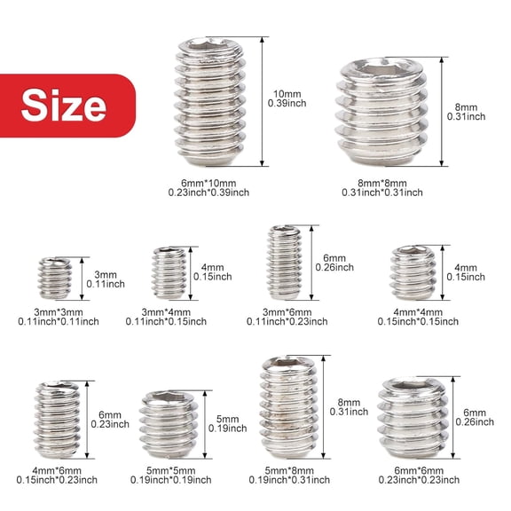 XZHANH-200pcs Stainless Steel Allen Head Grub Screws Socket Hex Set Screw Metric M3 M4 M5 M6 M8 Assortment Kit (Silver)