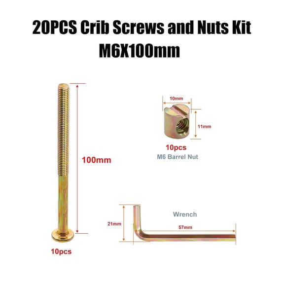 XZHANH-20PCS M6x100mm Crib Screws and Nuts Kit, Furniture Bolts,Barrel Nuts Wooden Dowel Pins Hex Drive Socket Cap Screws Kit for Beds Chairs Furniture