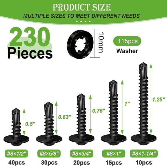 XZHANH-230PCS #8 Self Tapping Screws for Metal,410 Stainless Steel Self Drilling Screws,1/2",5/8",3/4",1",1-1/4" Truss Head Sheet Metal Screws with Rubber Washers for Metal,Plastic,Wood(115pcs Sets)