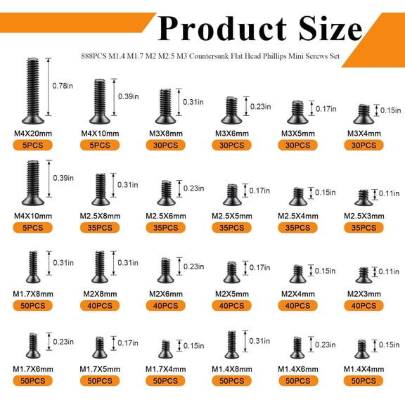 XZHANH-24Sizes 888Pcs Tiny Micro Laptop Computer Screw Kit M1.4/M1.7/M2/M2.5/M3/M4 Countersunk Flat Head Phillips Mini Repair Screws Set for Machinery, Furniture, Automotive, Motorcycle
