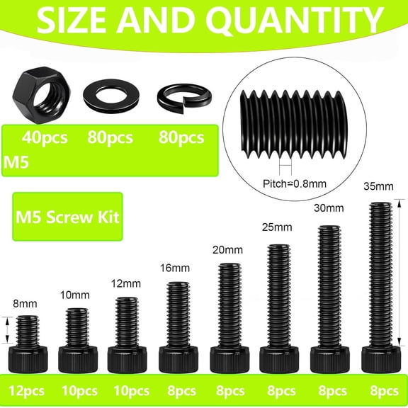 XZHANH-273Pcs M5 Screw,M5x8/10/12/16/20/25/30/35mm Screws kit,Hex Socket Head Cap Bolts,12.9 Grade Black Zinc Plated for 3D Printer
