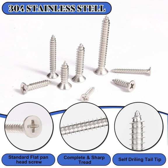 XZHANH-280PCS M5 M4 M3 Wood Screws Assortment Kit, Flat Head Stainless Steel Small Self Tapping Screw Assorted Set for Deck Door Cabinet