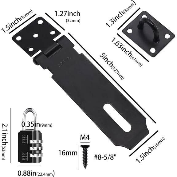 XZHANH-2Pcs Door Locks Hasp Latch,5 Inch 304 Stainless Steel Safety Packlock Clasp Hasp Lock Latch,Hinge Lock Padlock with Screws for Gates,Doors,Cabinets, Closets and More(Black)
