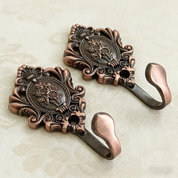 XZHANH-2Pcs Wall Hooks Red Copper Rose Pattern Carved Vintage Drapery Clothes Key Hook Bathroom Bedroom Multi-Function Decorative Hook with Screws(Red Copper)