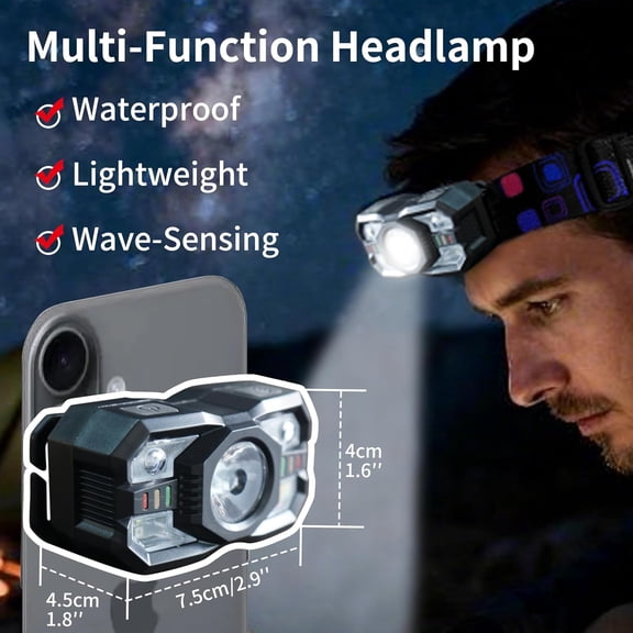 XZHANH-2packs Head Lamps led Rechargeable USB c,10W LED Headlight with Wave Control, COB Auxiliary Light, Red Warning Light, Type-C Fast Charging, 15H Runtime for Camping/Fishing/Mining (tggyd001)