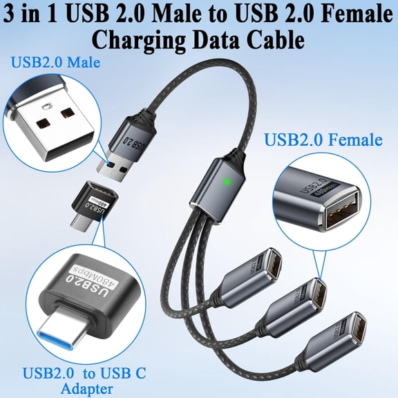 XZHANH-3 in 1 USB 2.0 Extension Cable 1 in 3 USB 2.0 Male to 3 Female Splitter Cable, 480Mbps 5V3A, with A to C Adapter Extend to Type C Male to 3 USB Female C-able, for Charging Data Transfer OTG