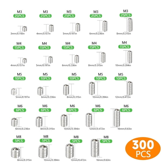 XZHANH-300 Pcs 24 Size Set Screws Assortment Kit (M3, M4, M5, M6, M8) Metric & SAE Allen Set Screws for Bathroom Fixture Metric Bolt Assortment for Door Knobs, Faucets, Plumbing