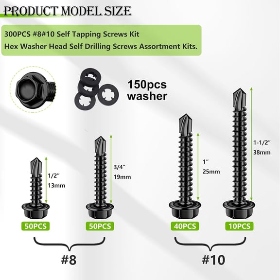 XZHANH-300PCS #8#10 Self Tapping Screws,410 Stainless Steel Self Drilling Screws,Black Zinc Hex Washer Head Sheet Metal Screws Suitable for Wood, Metal or Tough Materials with 150PCS Washers