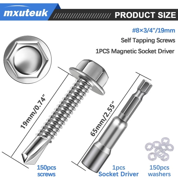 XZHANH-300PCS #83/4" Self Tapping Screws,410 Stainless Steel Self Tapping Screws for Metal,Hex Washer Head Self Drilling Screw Suitable for Wood,Metal or Tough Materials(150pcs Screw+150pcs Washer)