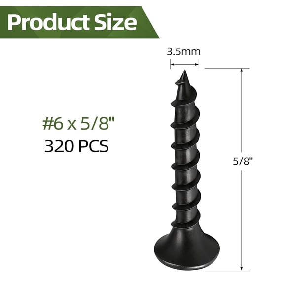 XZHANH-320PCS #6 5/8" Drywall Screws, Phillips Drive Self Tapping Screws, Bugle Head, Coarse Thread, High Hardness Black Wood Screws for Drywall, Sheetrock
