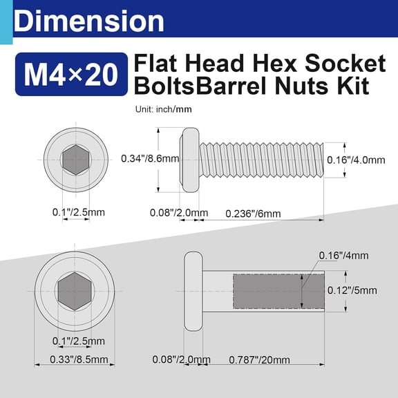 XZHANH-35 Sets M4  20 mm Barrel Nuts and Bolts, Hex Socket Binding Screws for Furniture, Cabinets, and Cribs Assembly
