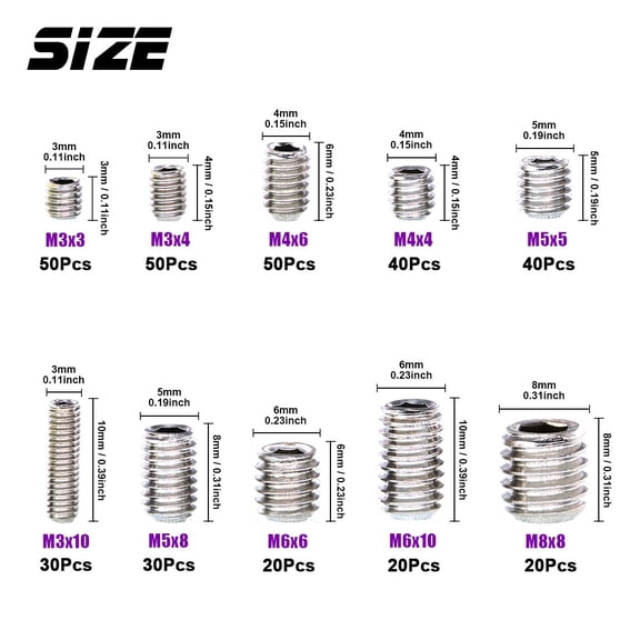 XZHANH-350 Pcs Stainless Steel Allen Head Socket Hex Grub Screw Assortment Kit, Including 10 Sizes M3/4/5/6/8 Stainless Steel Internal Hex Drive Cup-Point Set Screws for Door Handles