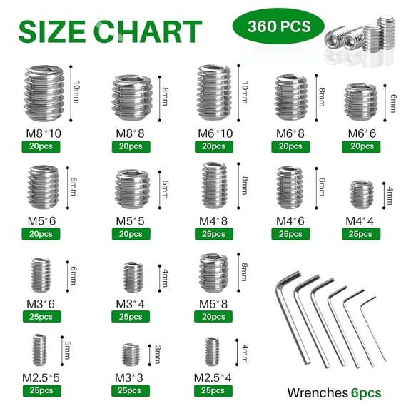 XZHANH-360PCS M2.5/M3/M4/M5/M6/M8 Hex Allen Head Socket Set Screw