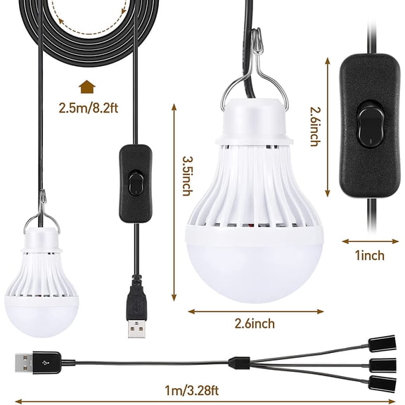XZHANH-3pcs USB LED Light Bulbs Portable Camping Lights 5w with USB Splitter Cable 1 to 3, 8.2ft Extra Length Cord Tent Latern Outdoor Emergency Bulb for Garage Warehouse Truck Fishing Warm White