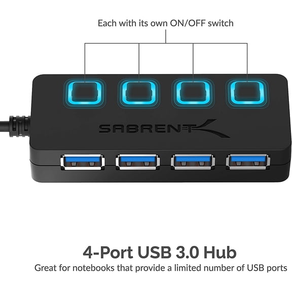 XZHANH-4-Port USB 3.0 Hub with Individual LED Power Switches - Slim, Portable Design - 2 Ft Cable - Fast Data Transfer - Compatible with Mac & PC (HB-UM43)