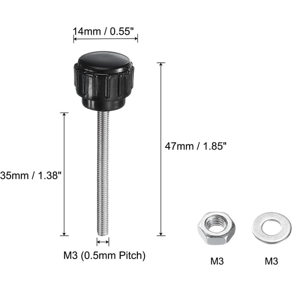 XZHANH-4 Sets Knurled Knobs Thumb Screws with Nuts Washers, Metric M3 x 35mm Male Thread 14mm Plastic Head, 304 Stainless Steel Stud Hand Knobs Clamping Thumbscrews Handles, Black