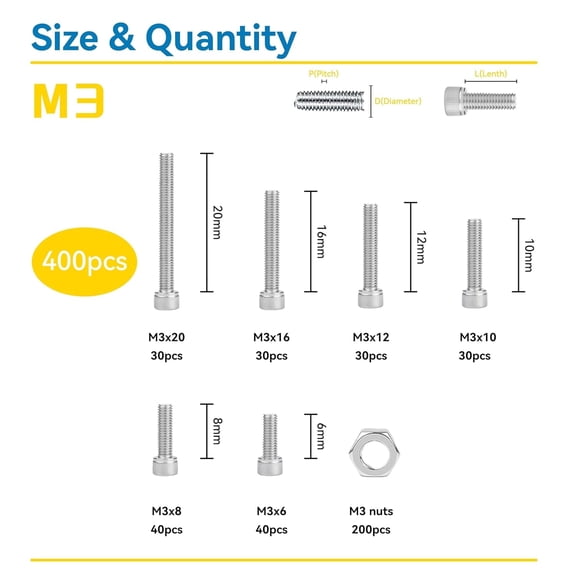 XZHANH-400 Pcs M3 Screw Assortment, Metric Hex Socket Head Cap Bolts, M3*6mm/8mm/10mm/12mm/16mm/20mm Screws and Nuts, Stainless Metric Bolts Nuts Washers Kit with 1 Hex Allen Wrench