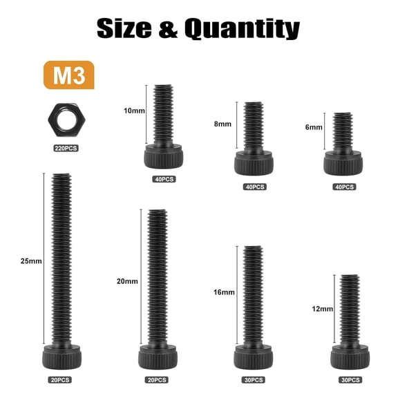 XZHANH-440Pcs M3 Screws Kit for 3D Printer DIY,220Pcs M3 Screw (6-25mm),220Pcs m3 Nut,Hex Socket Head Cap Small Metric Bolts Nuts Assortment,12.9 Grade Alloy Steel,Black Oxide, 6/8/10/12/16/20/25mm