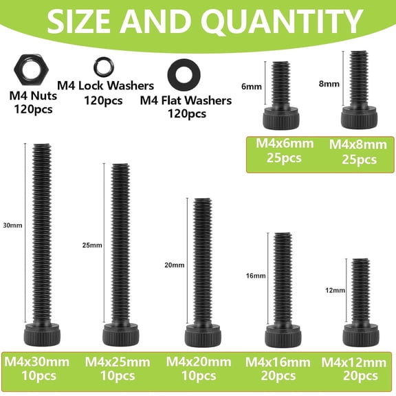 XZHANH-480Pcs M4 Screws,M4x6/8/12/16/20/25/30 mm Screw kit,Hex Socket Head Cap Bolts,12.9 Grade Black Zinc Plated for 3D Printer