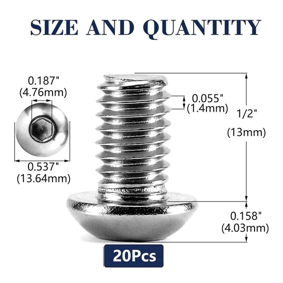 XZHANH-5/16-18 x 1/2" Button Head Socket Cap Bolts Screws, 20Pcs 304 Stainless Steel 18-8, Allen Hex Drive, Bright Finish by (with Hex Spanner)