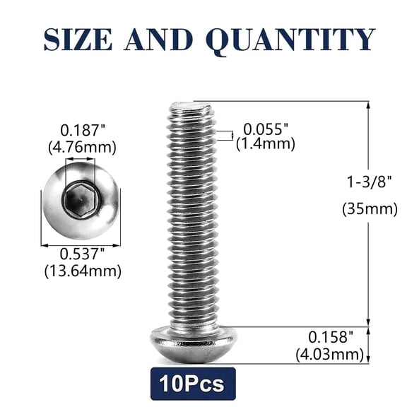 XZHANH-5/16-18 x 1-3/8" Button Head Socket Cap Bolts Screws, 10Pcs 304 Stainless Steel 18-8, Allen Hex Drive, Bright Finish by (with Hex Spanner)