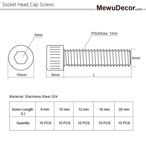 XZHANH-50 PCS Socket Head Cap Screw Assortment Set, M6 x 8mm, 10mm, 12mm, 16mm, and 20mm, Stainless Steel 304, Bright Finish