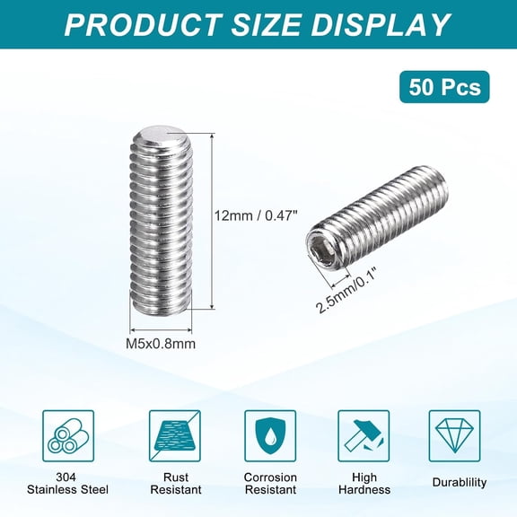 XZHANH-50 Pcs M5-0.8 x 12mm Grub Screws, 304 Stainless Steel Cup Point Allen Head Screws Internal Hex Socket Drive for Bathroom Fixtures Repair Furniture DIY Project