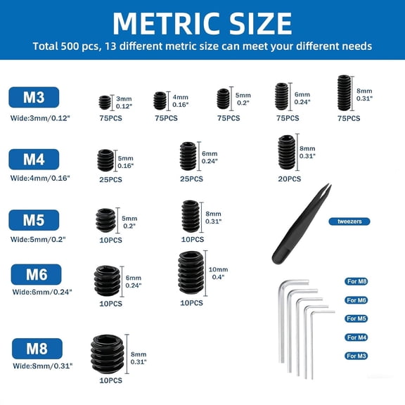 XZHANH-500 Pcs Metric Set Screw Assortment Kit (M3, M4, M5, M6, M8), 12.9 Alloy Steel Head Socket Set Screws for Bathroom Fixtures, Light Fixture Screws,Door Knobs, Faucets, Plumbing