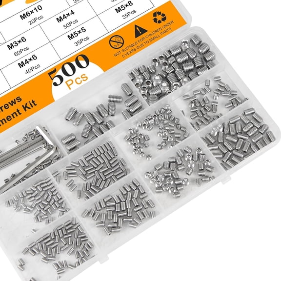 XZHANH-500Pcs Metric Set Screws Assortment Kit  M3 M4 M5 M6 M8 304 Stainless Steel Grub Screws, 3mm-10mm Lengths, with 5 Hex Keys for Door Handles, Light Fixtures, Hardware Repair