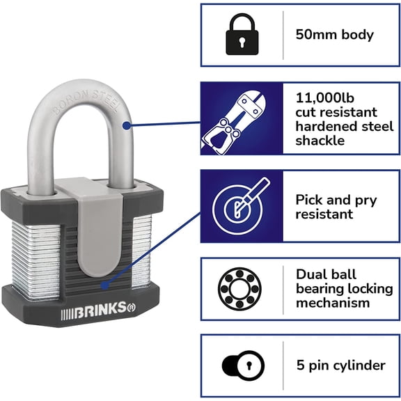 XZHANH-- 50mm Commercial Laminated Steel Keyed Padlock - Solid Steel Body with Boron Steel Shackle, Chrome