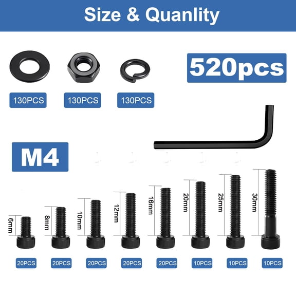 XZHANH-520 Pcs M4 Screw Assortment Kit for 3D Printer, DIY, Metric M4x6/8/10/12/16/20/25/30mm Hex Socket Head Cap Bolts and Nuts Washers, 12.9 Alloy Steel Black Zinc Plated, Set with 1 Hex Wrenches
