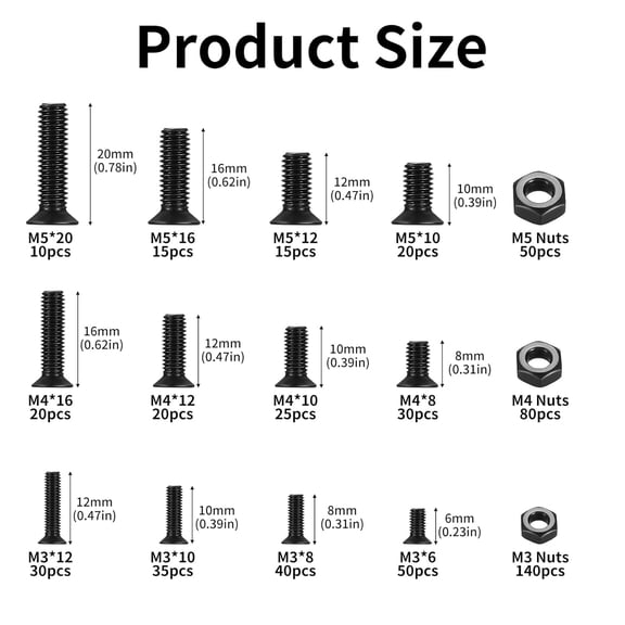 XZHANH-580 Pcs M3 M4 M5 Screws and Nuts Set, Countersunk Bolts and Nuts Assortment, Black Phillips Flat Head Machine Screws with Washers Set(M3 M4 M5 Screw Kit, Black)