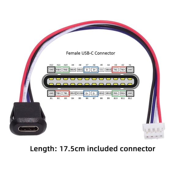 XZHANH-5pcs/Set DIY OEM Type C Female Socket to 4Pin Header Cable Type-C to 4P Waterproof Terminal Wire with Pitch=2.0mm Latch Mount Type USB C Pigtail DC 5V Extension Power Cable