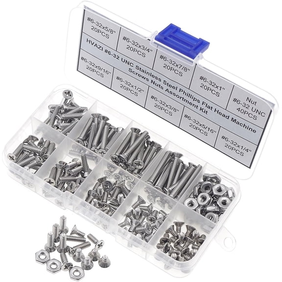 XZHANH-#6-32 UNC Stainless Steel Phillips Flat Head Machine Screws Nuts Assortment Kit