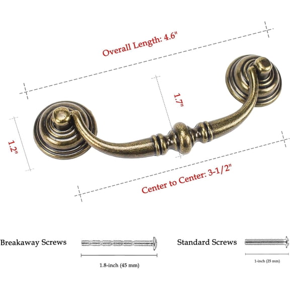 XZHANH-6 PCS Antique Brass Metal Drop Bail Pulls, 3-1/2" Center to Center, Vintage Shabby Chic Drawer Handles for Dressers, Cupboards, Wardrobes, and Kitchen Cabinets
