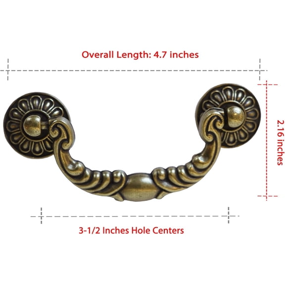 XZHANH-6 Pack Vintage Drop Bail Pulls, 3-1/2 Inch Hole Centers (90mm), Antique Brass Cabinet Handles for Dresser Drawer Cupboard Wardrobe