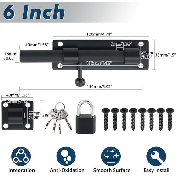 XZHANH-6 inch Barrel Bolt Latch, Slide Bolt Latch, Heavy Duty Solid SUS304 Stainless Steel Slide Lock for Wooden Fence,Barn Door,Interior or Outdoor Door Matte Black MST8060-B