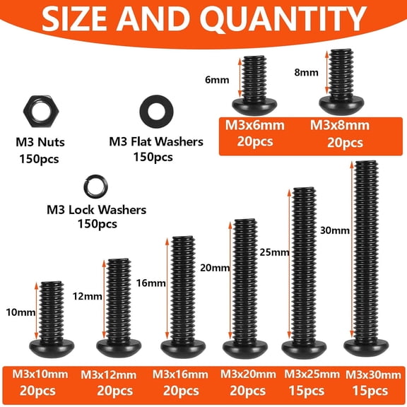 XZHANH-600pcs M3 Screws,M3 Screw Assortment Kit (8 Sizes 6-30mm) for 3D Printer DIY,Hex Button Head Cap Screws Bolts Nuts Washer Kit,10.9 Grade Alloy Steel,Black Oxide,M3-0.5 x 6/8/10/12/16/20/25/30