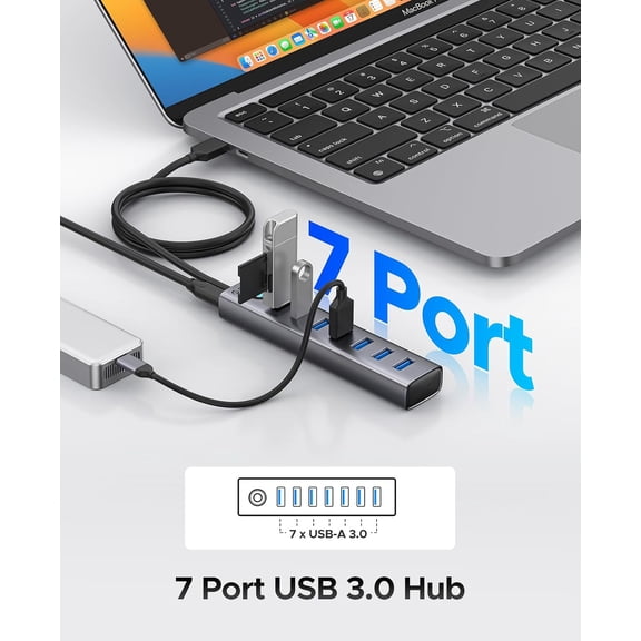 XZHANH-7-Port USB 3.0 Hub, Aluminum USB Multiple Adapter, 5Gbps USB Extender USB Splitter with 3.28Ft Cable, UBS-A Hub Long Cable for Desktop, PC, Flash Drive, Mobile HDD, Windows/XPS