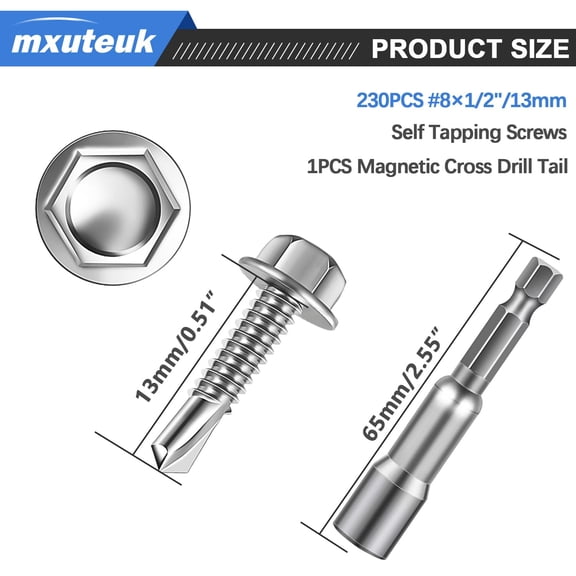 XZHANH-#81/2" Self Tapping Screws for Metal,410 Stainless Steel Self Drilling Screws,Hex Washer Head Sheet Metal Screws Suitable for Wood, Metal or Tough Materials (230PCS)