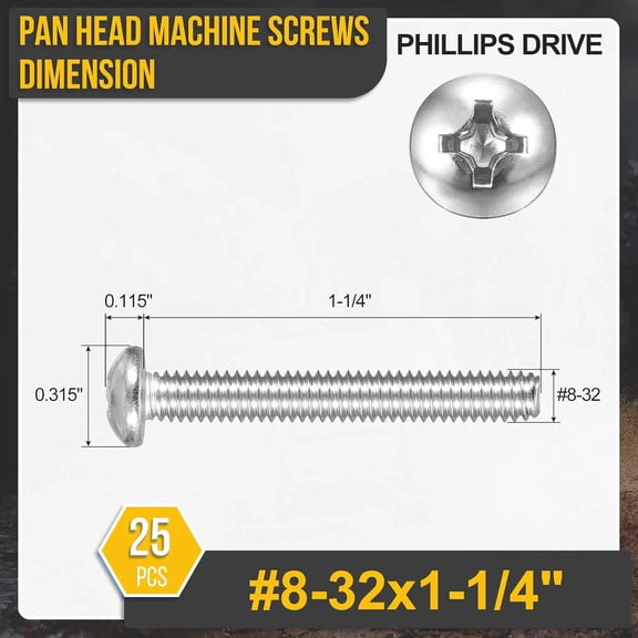 XZHANH-#8-32x1-1/4 Pan Head Machine Screws - 25pcs - Good for Machinery - 304 Stainless Steel Phillips Machine Screws Bolts - Silver