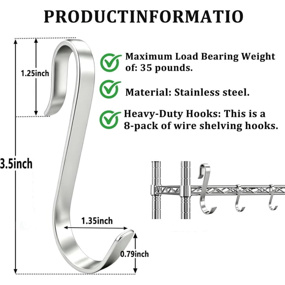 XZHANH-8 Pack J-Shaped Hooks; 3.5-inch Large, Removable, Heavy-Duty Metal Shelf Hooks; Suitable for Metal Wire Racks, Shelving Units, and Wardrobe Shelf Accessories