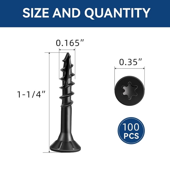 XZHANH-#8 x 1-1/4" Wood Screws, Outdoor Deck Screws with Star Drive, Black Tan Coated Screws for Outdoor Use, Coarse Threads, Self-Tapping, T-25 Drive Bit Included, 100 PCS