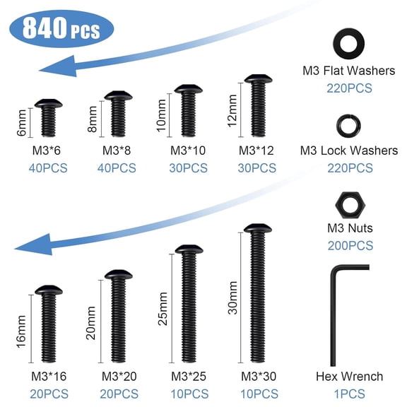 XZHANH-840 PCS M3 Screw Kit, M3 Hex Button Head Screws, Metric Machine Screw Assortment 8 Sizes 6MM to 30MM, 10.9 Grade Alloy Steel, Black Zinc Plated, with Hexagonal Wrench