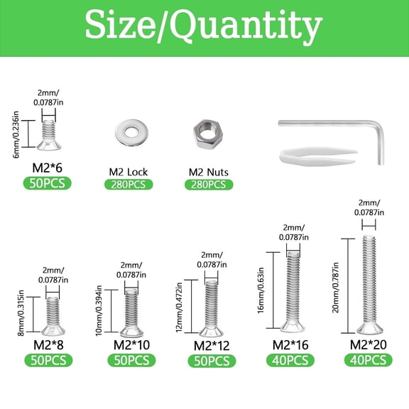 XZHANH-840PCS M2 Screw Assortment Kit, M2x6/8/10/12/16/20 mm M2 Screw Kits, Metric Hex Button Head Cap Screws, Nuts and Flat Washers, Stainless Steel Machine Screws with Hex Wrench