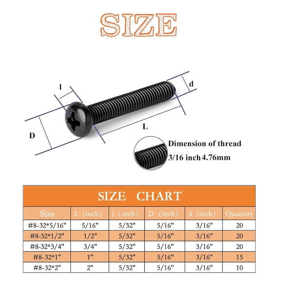 XZHANH-85 Pcs 5 Sizes Black #8-32 Machine Screws Knob Screws Cabinet Screw Electricians Bolts, Carbon Steel Zinc-Plated Phillips Pan Head Machine Screw Assortment Kit