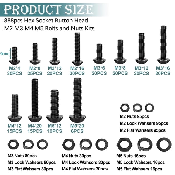 XZHANH-888PCS Metric Screw Assortment Kit,M2 M3 M4 M5 Machine Screws,10.9 Grade Alloy Steel Metric Hex Button Head Cap Screws Nuts and Flat Washers Assortment Kit for 3D Printing