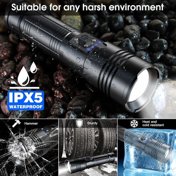 XZHANH-A100 Rechargeable Flashlight, 2000FT Ultra-Bright Beam, 5 Modes Zoomable for Camping & Emergency, USB-C Fast Charging, Lightweight 7.8oz, Battery Display Keep in Car, Home, or Gift for Men