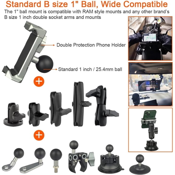 XZHANH-Aluminum Cell Phone Holder with 1 Inch Ball Mount Adapter Compatible with RAM mounts B Size 1" Socket Arm Bike Motorcycle Car Phone Mount, Double Protection Anti-loosening Locking knob